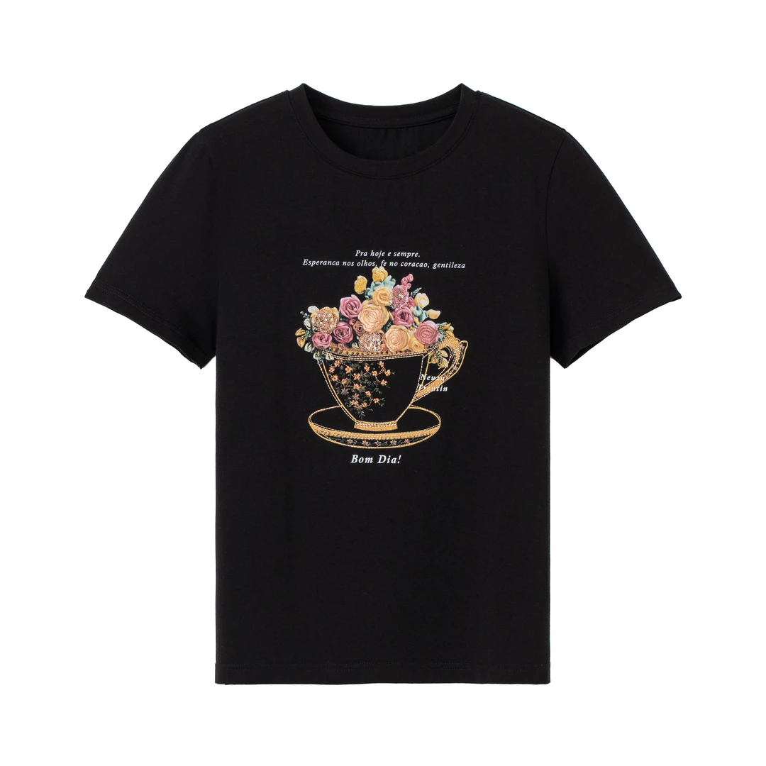 TheM-茶杯刺绣印花打底衫女士圆领体桖衫