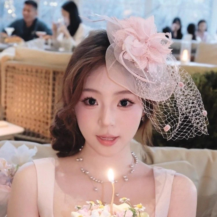 法式复古甜美发饰粉色网纱羽毛小礼帽发夹生日party派对头饰新品