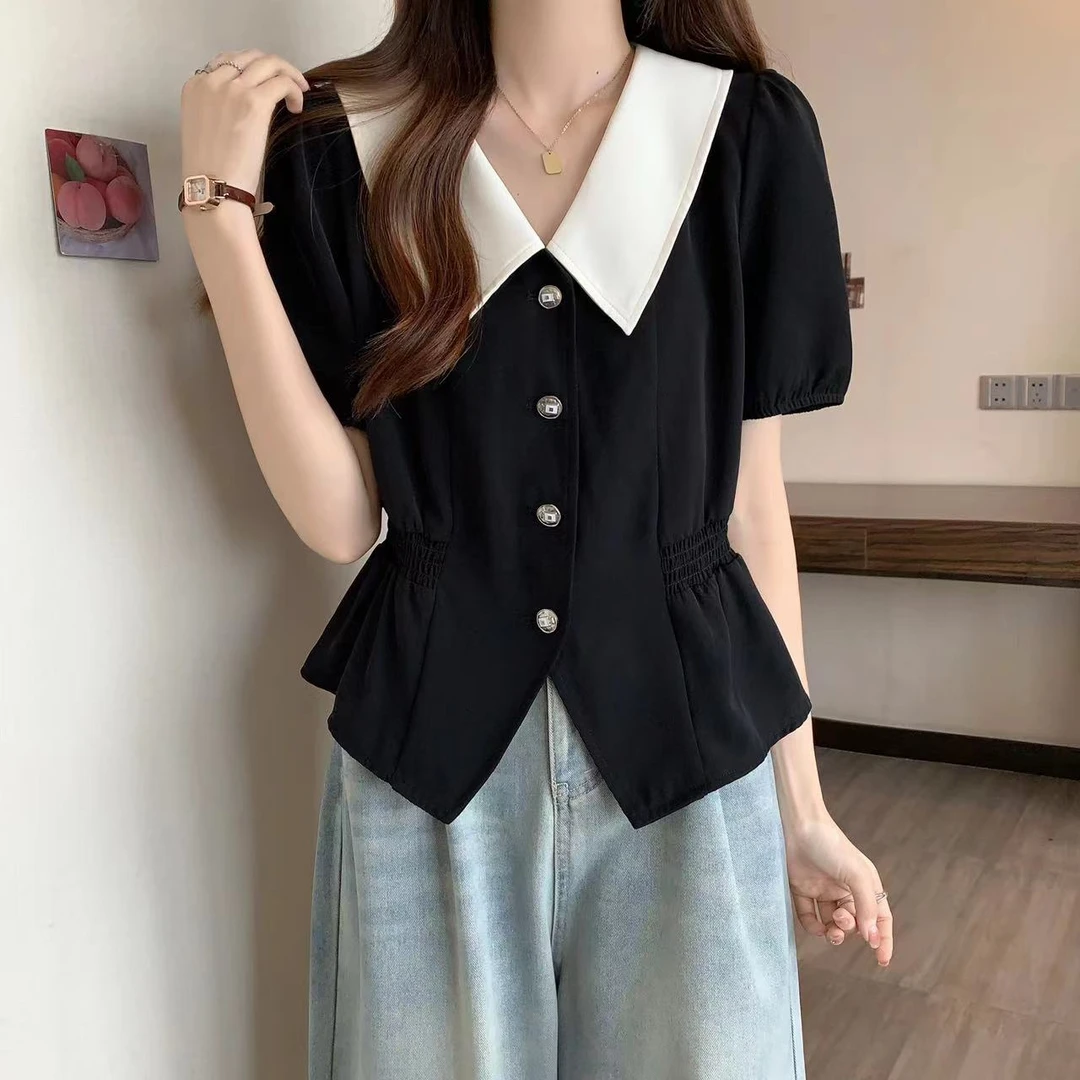 2025夏季新款大码胖MM设计感气质娃娃领短袖衬衫女百搭上衣