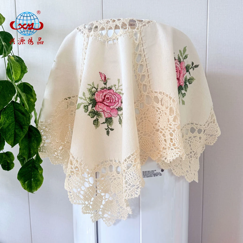 409-2【85*85cm】米色十字绣手工钩针盖巾沙发靠背巾纯棉钩花小盖布