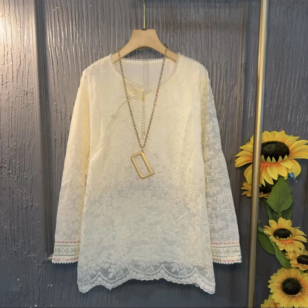 芃芃2295春季新款大码女装新中式国风斜襟钉珠吊坠提花蕾丝衫上衣