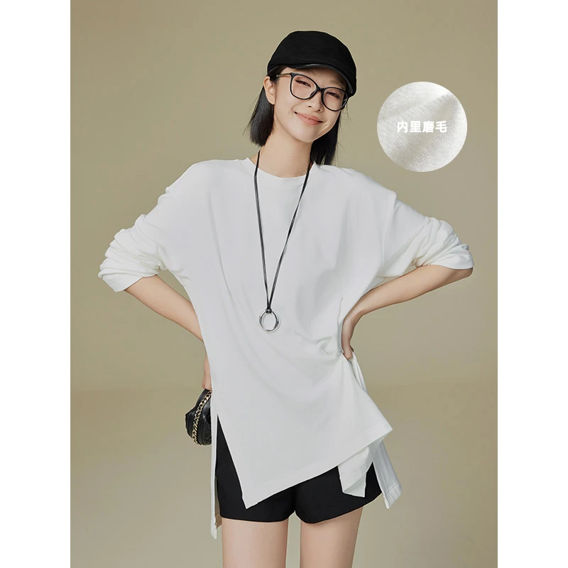 美洋MEIYANG 定点长袖T 磨毛保暖可调节纽扣开叉圆领简约宽松上衣