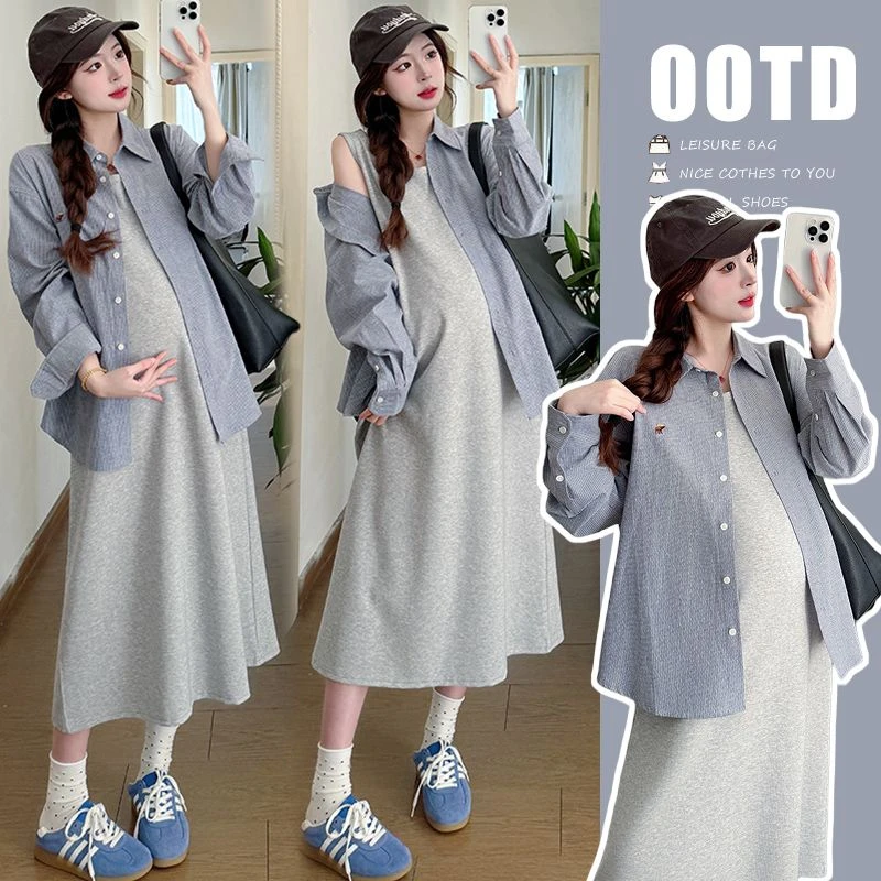 2025新款灰色时尚气质背心连衣裙+韩版宽松落肩袖条纹衬衫套装