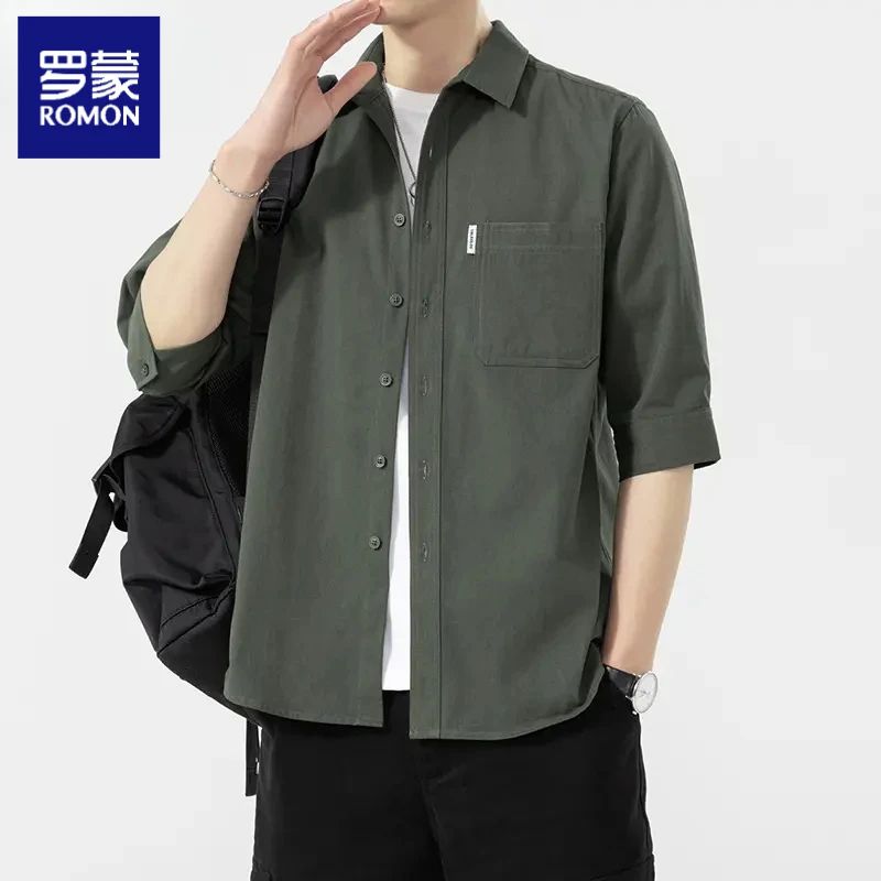 罗蒙2025春夏新款男士衬衫七分袖中袖水洗衬衣外套休闲百搭上衣男