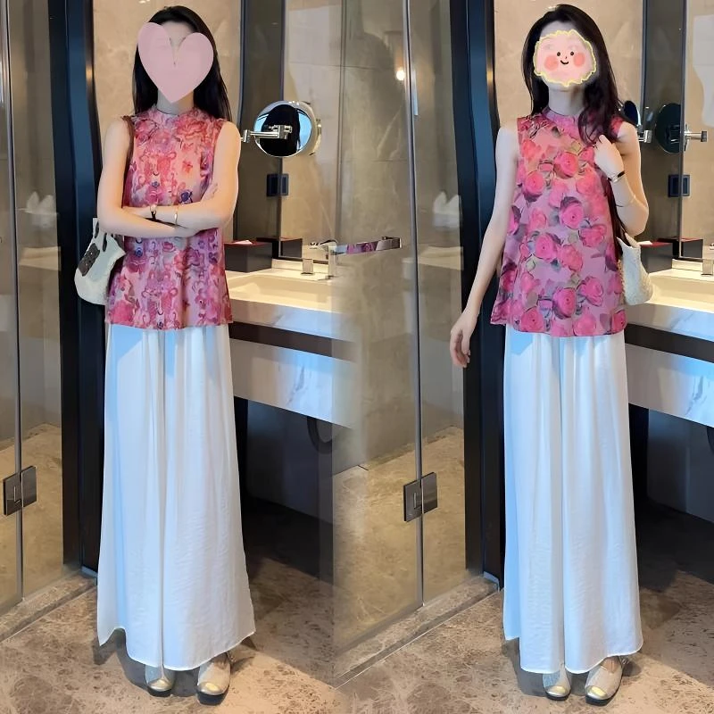 新中式国风套装女2025夏季新款洋气圆领提花旗袍衬衫阔腿裤两件套