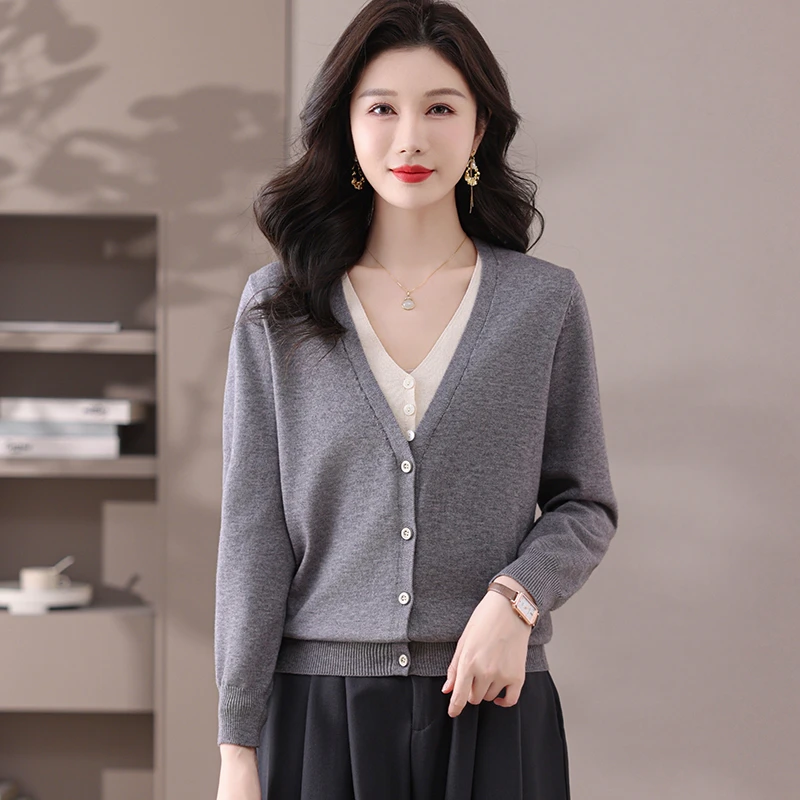 2025春装新款套头假两件长袖气质洋气时尚百搭宽松纯色显瘦韩版