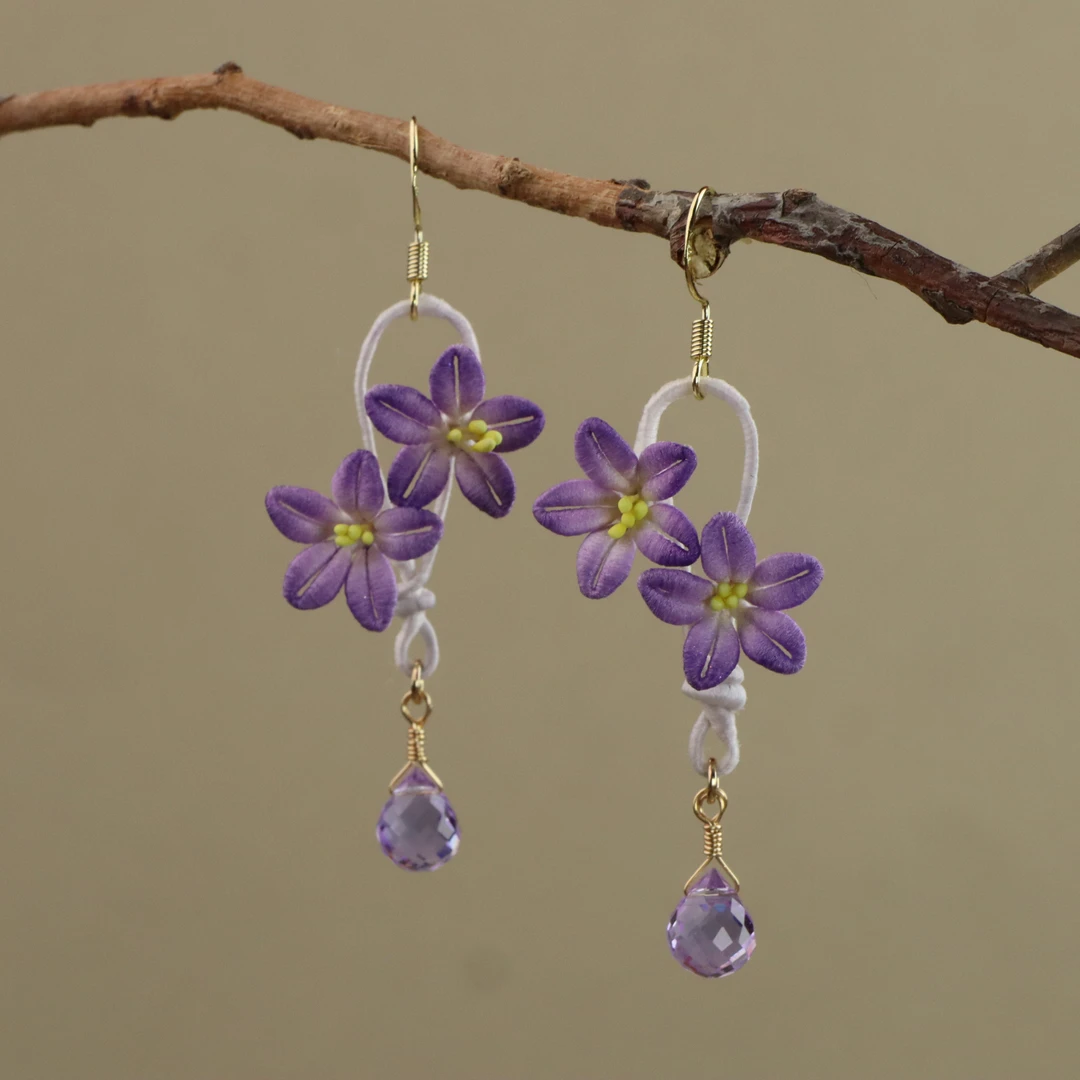 非金属布艺耳饰 【风铃草】非遗缠花紫色耳环-国风手工时尚