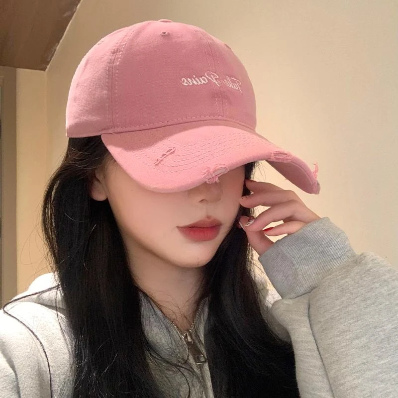 Miss Silas大头围帽字母宽帽檐粉色破洞棒球帽大脸显脸小鸭舌女帽