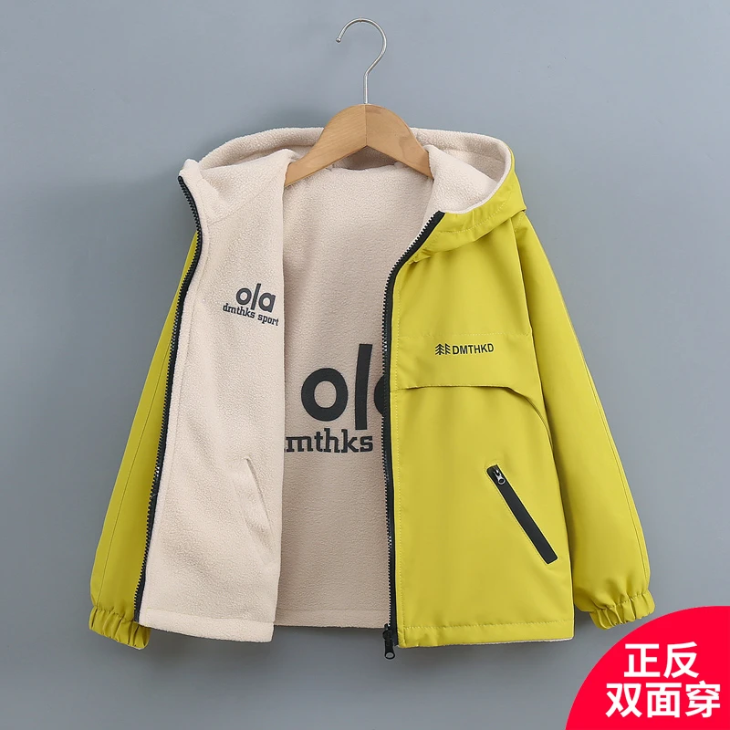 男童秋冬加绒外套韩范2025新款儿童两面穿加厚冲锋上衣连帽超好看