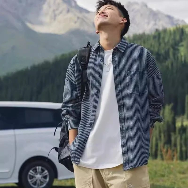 春秋装潮牌水洗条纹牛仔长袖衬衫男日系休闲衬衣夹克外套