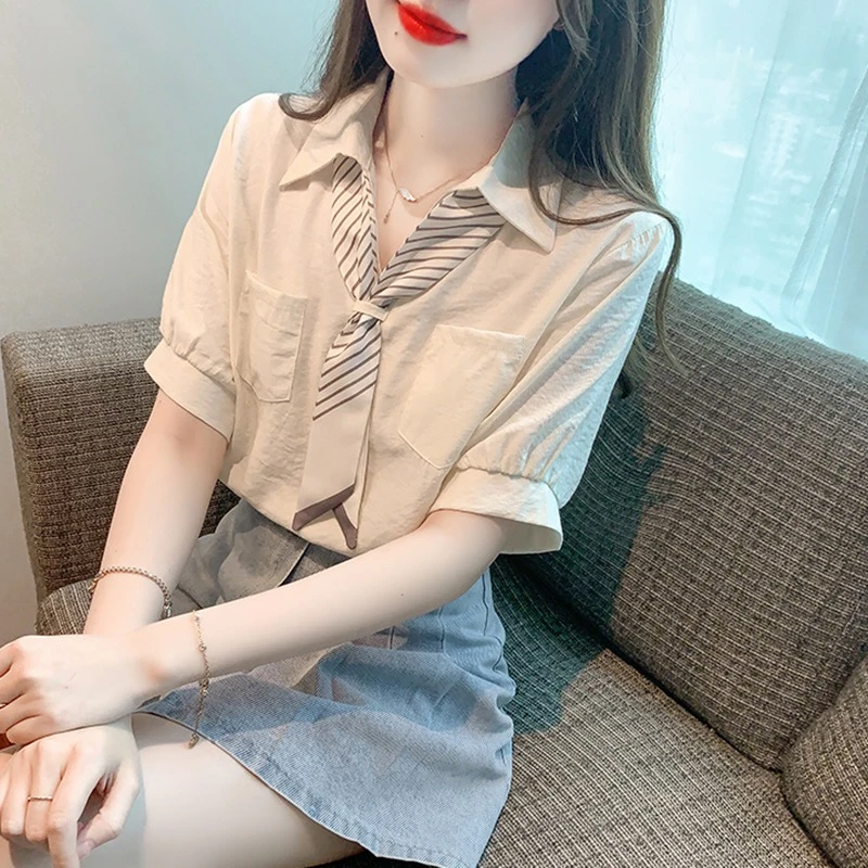 2025夏季新款设计感小众领结短袖衬衫女装小个子法式复古别致上衣