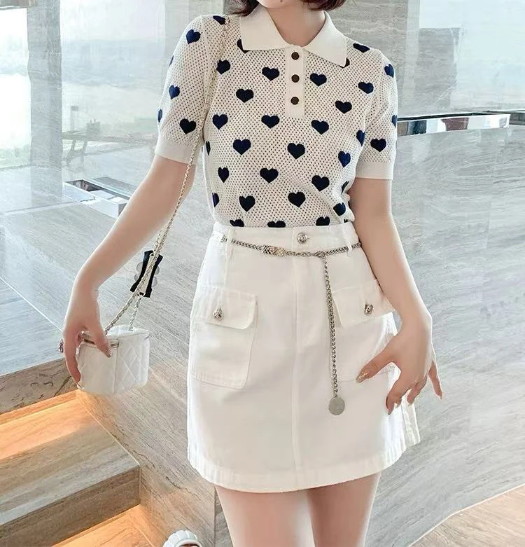 爱心提花中袖新款POLO领针织衫通勤上衣套衫 9443