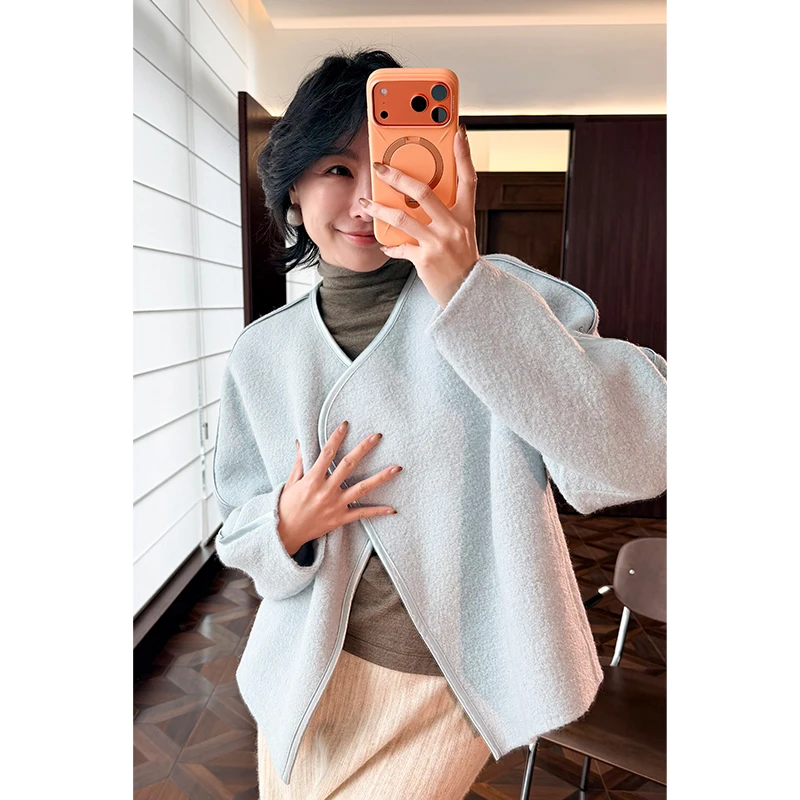 HERLAND她地 通勤厚款宽松型短款秋季毛呢外套毛呢秋冬女士上衣