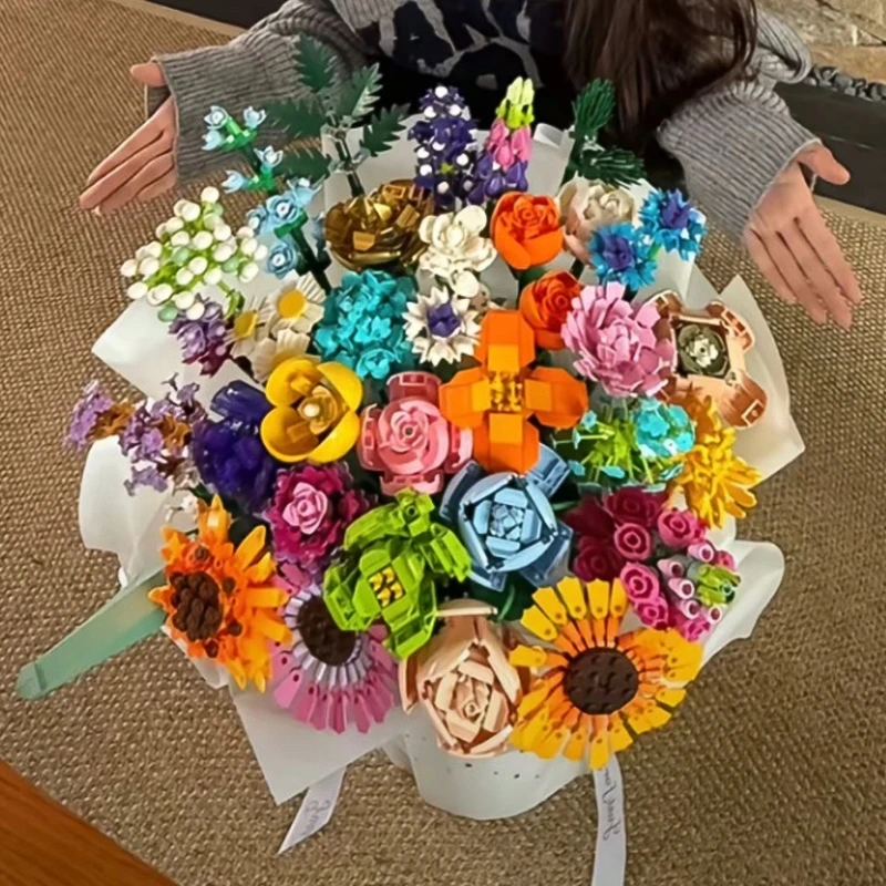 永生花玫瑰花束积木花拼装玩具送女朋友摆件520七夕情人节礼物