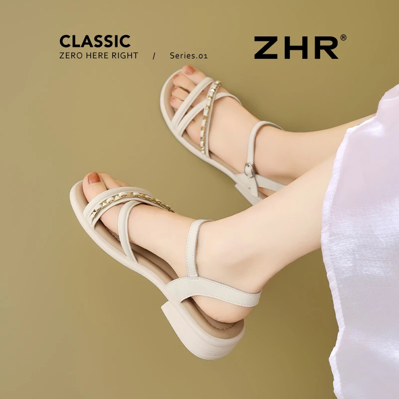 ZHR/则则一字带凉鞋2025新款夏季外穿舒适时尚百搭粗跟软底不累脚