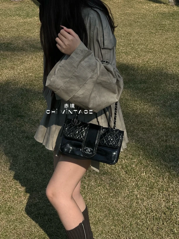 95新 Chanel/香奈儿 3622 黑银漆皮滚边单肩07-08