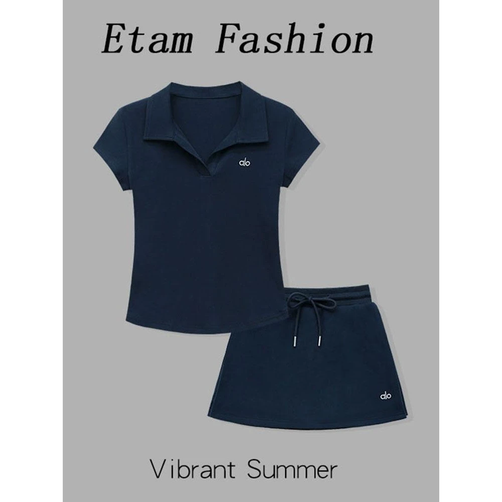 alo休闲运动套装女夏季新款POLO领刺绣上衣松紧腰半身裤裙两件套