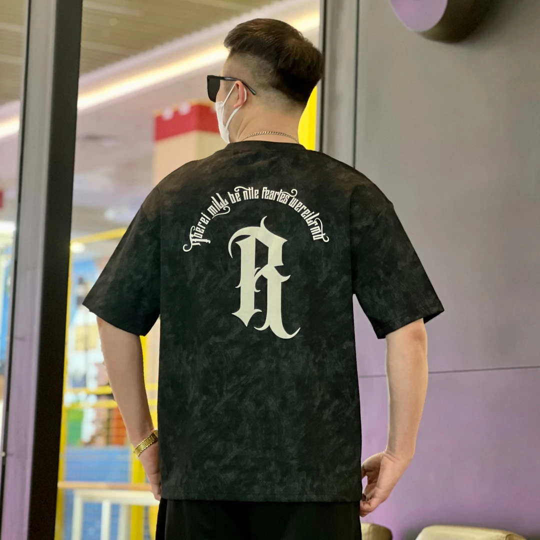 夏季扎染洗水基础字体LOGO短袖上衣美式高街潮牌圆弧百搭T恤男装