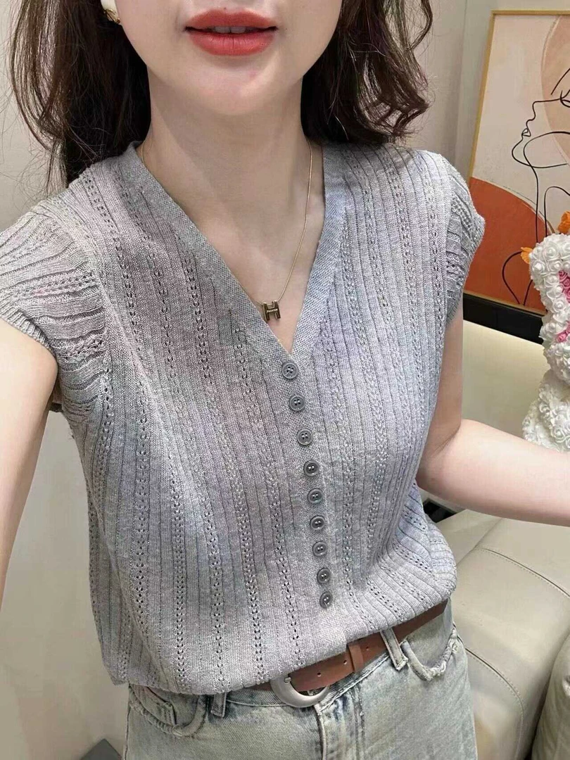 夏季冰感V领百搭显瘦镂空T恤女坑条针织衫小飞短袖上衣9933