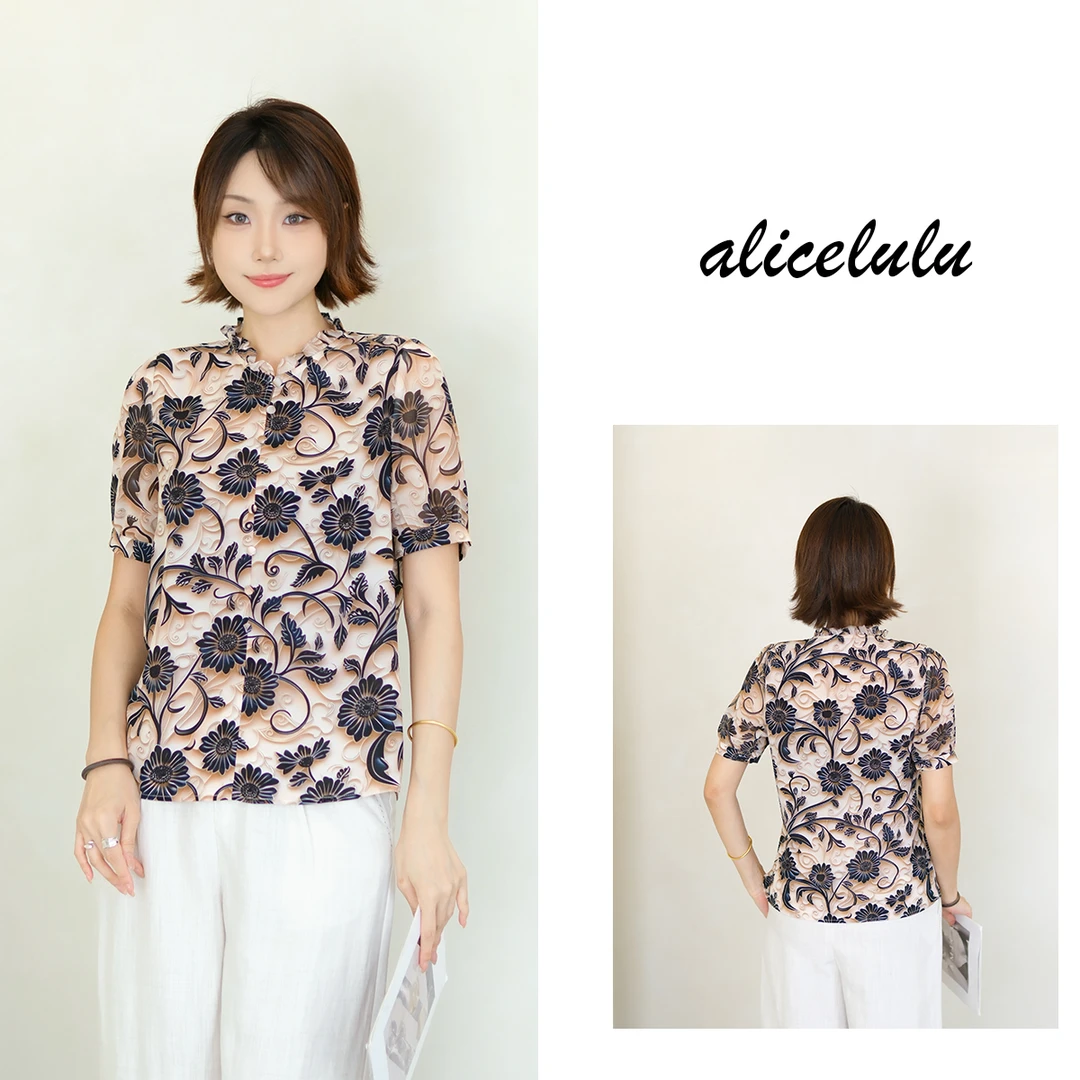 [alicelulu]夏季时尚印花木耳领短袖宽松衬衫S2143881B
