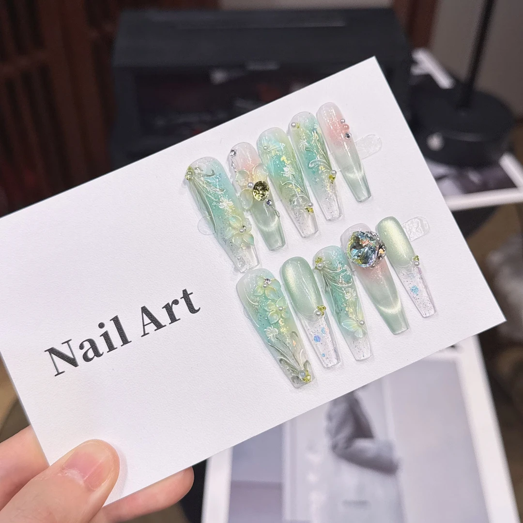 【森系绮梦】椿雨森系绿雕花手绘纯手工穿戴甲