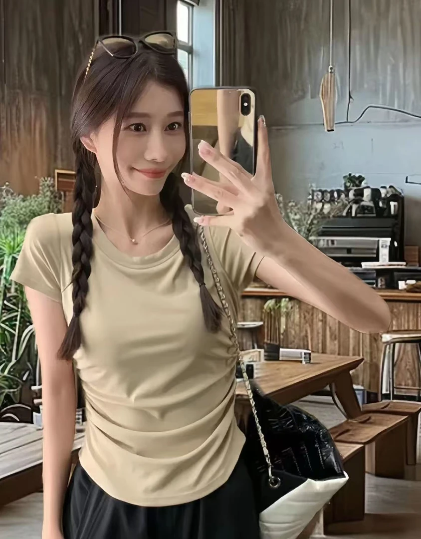 15651夏季新款简约小众褶皱设计感百搭收腰显瘦修身短款T恤上衣女