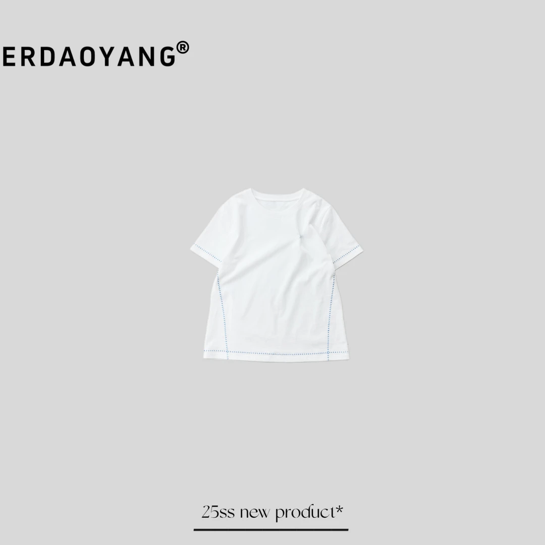 ERDAOYANG "无暇三花猫" 早春撞色线条刺绣图标短袖DX1128