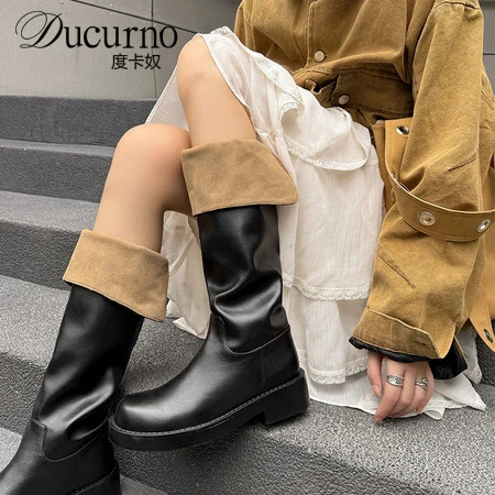DUCURNO时尚翻折两穿骑士靴女弹力瘦瘦靴圆头粗跟堆堆靴高筒长靴