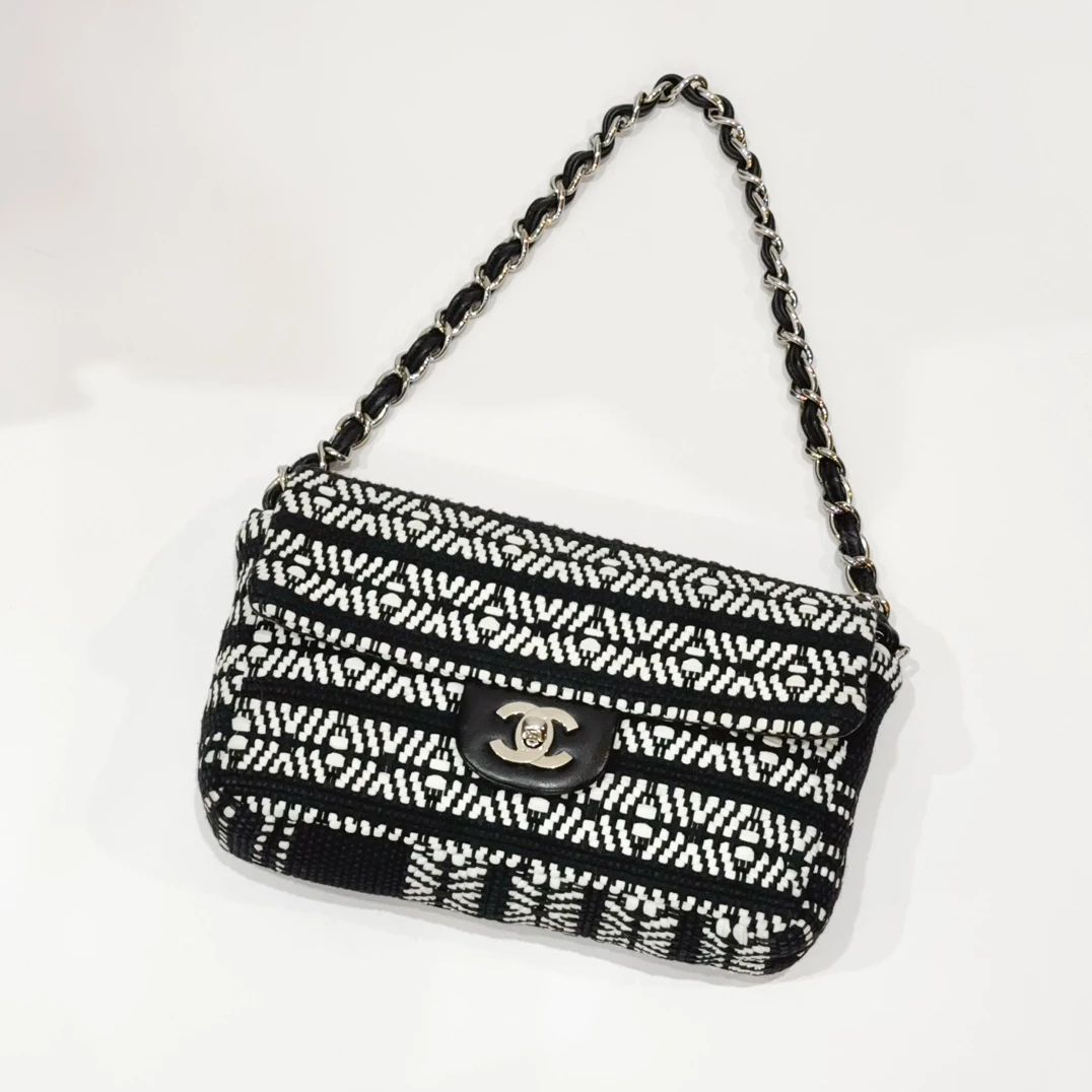 95新 Chanel/香奈儿 蓝总专场/黑白粗花 条纹银扣cf 12开