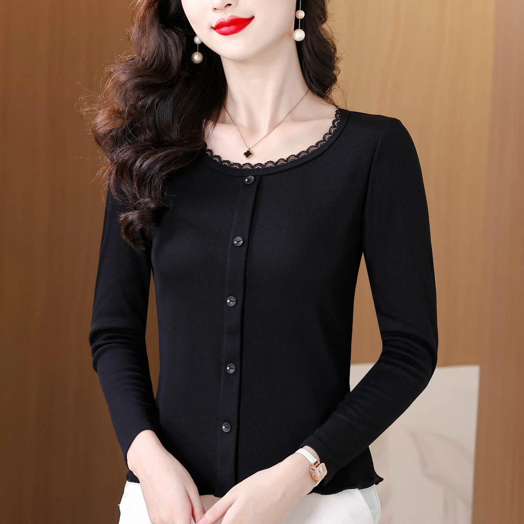 减龄时尚秋季纯色花边圆领长袖T恤女简约单排扣洋气百搭显瘦上衣