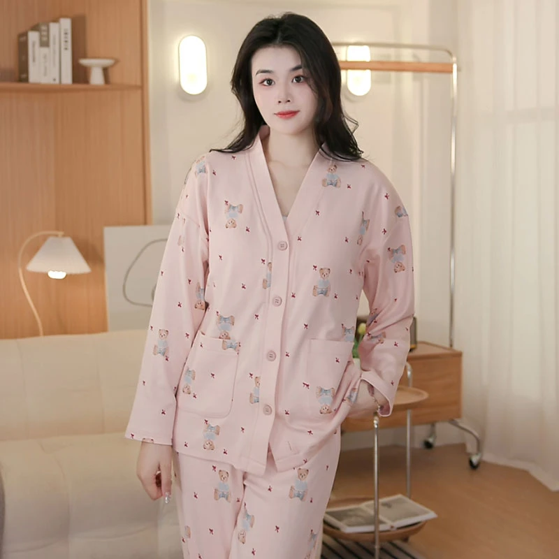 A新款带胸垫睡衣女套装春秋季新款大码长袖长裤甜美家居服