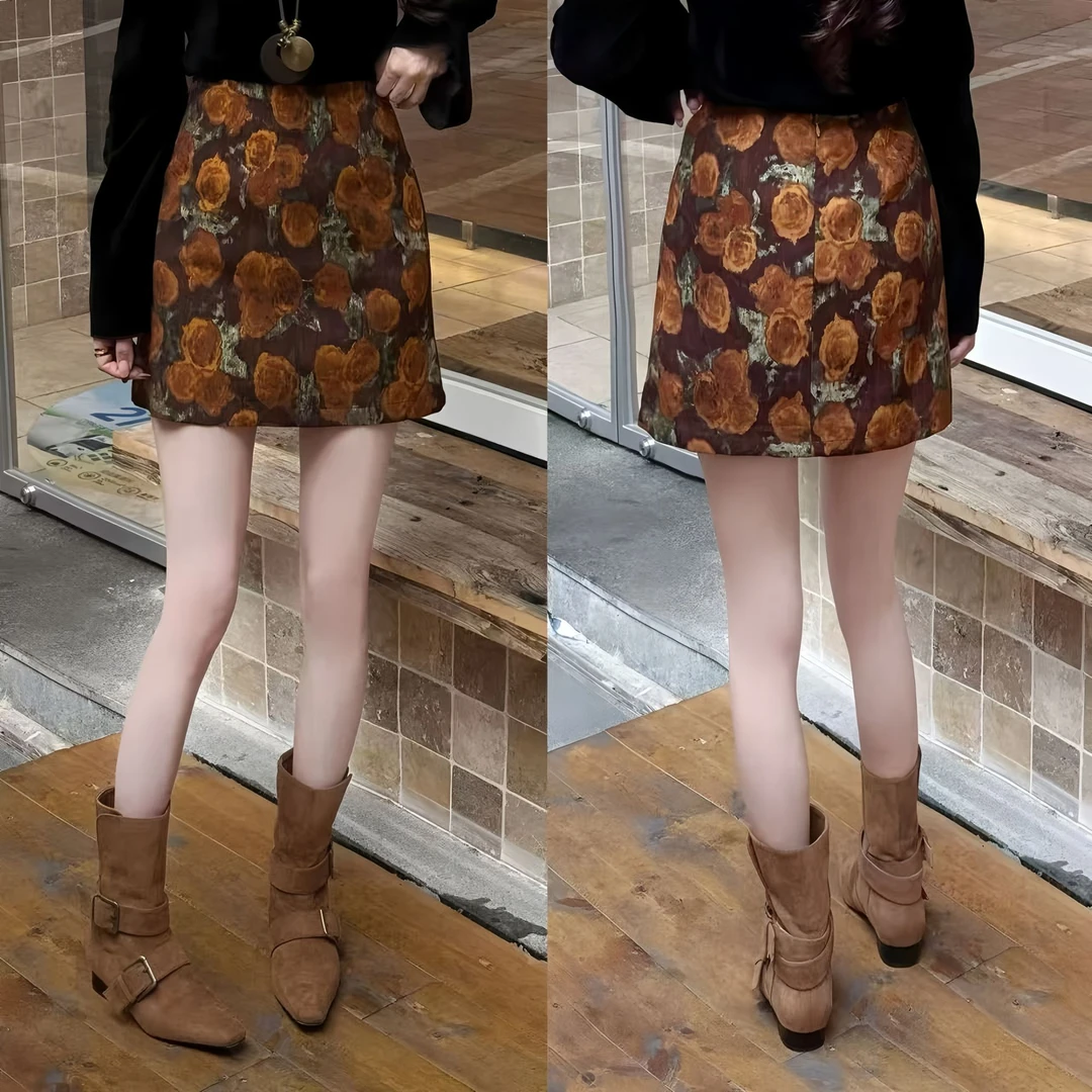 (浮游花园)复古时髦做旧洋气搭配碎花a字半身裙