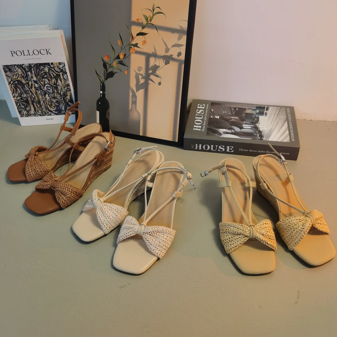 草编鞋拉菲草坡跟凉鞋女露趾高跟夏季时装凉鞋露思同款度假风