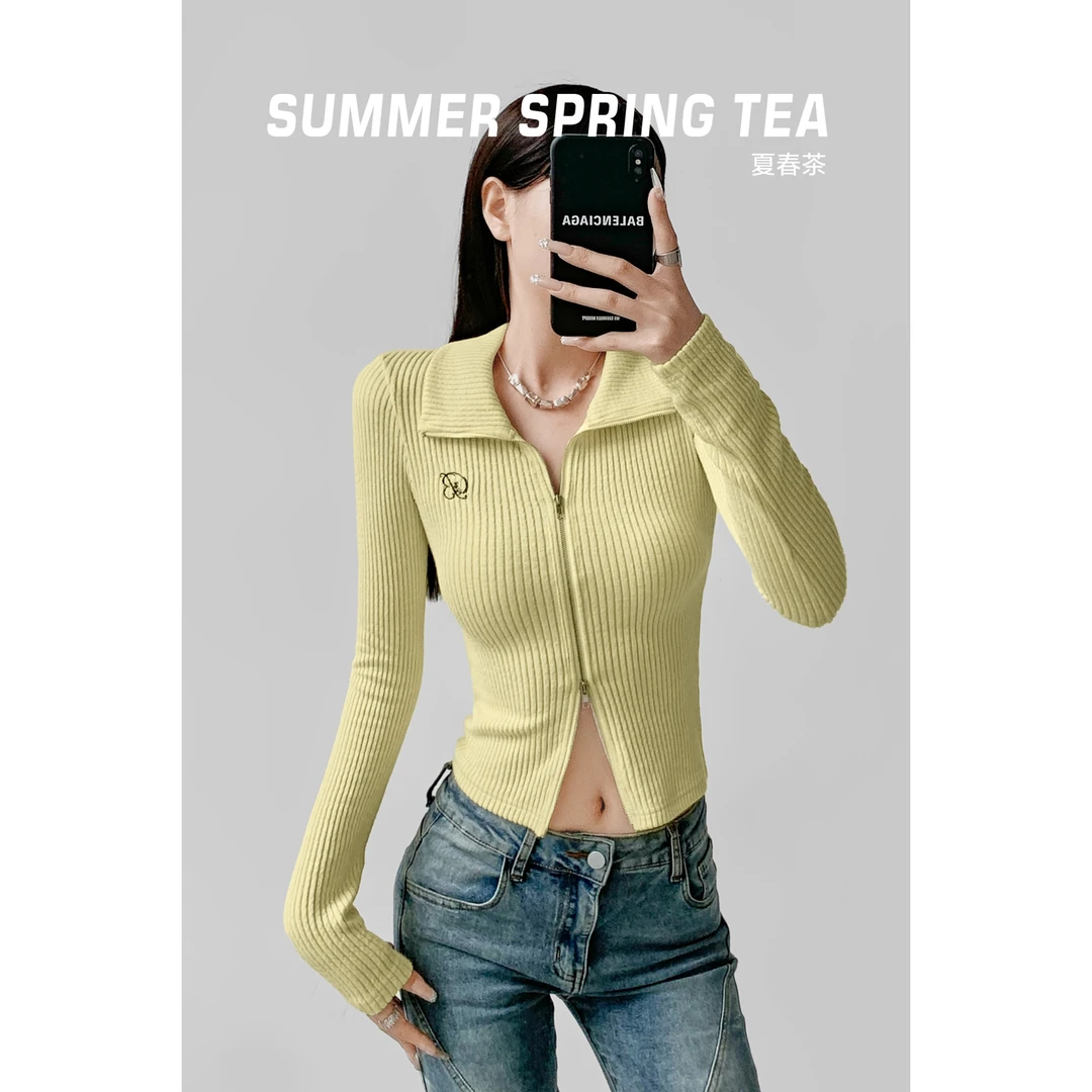 夏春茶翻领拉链坑条针织衫女2024秋冬纯欲辣妹设计感显瘦长袖上衣