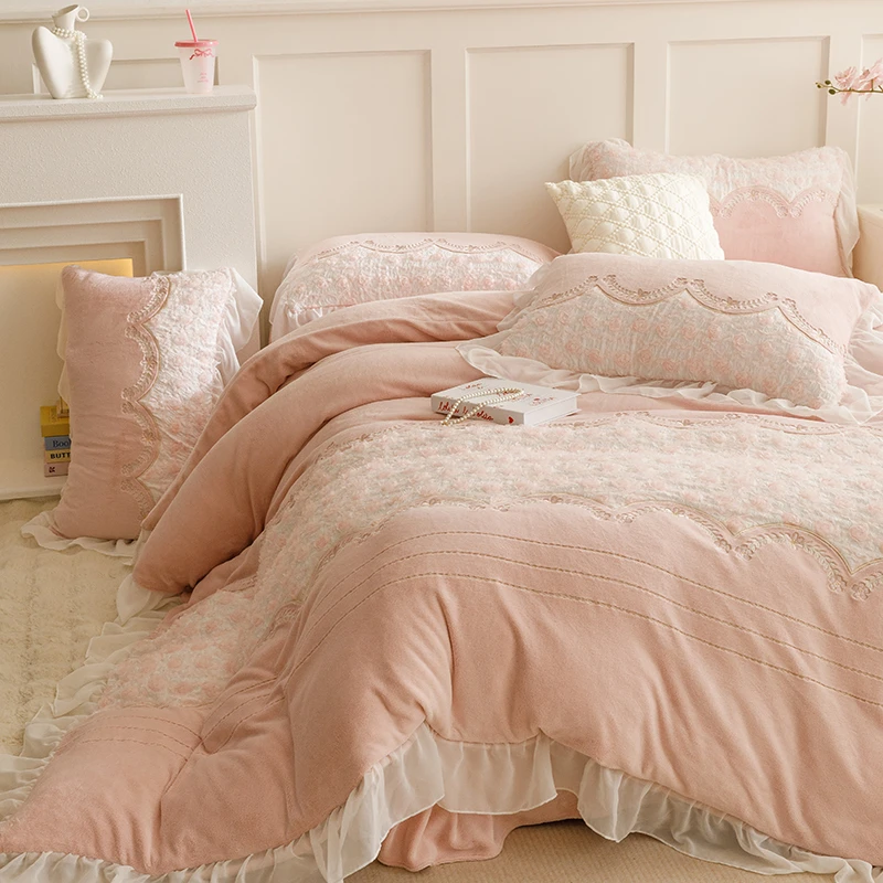 【格蕾丝】秋冬法式高级高端法式高克重牛奶绒保暖加厚四件套