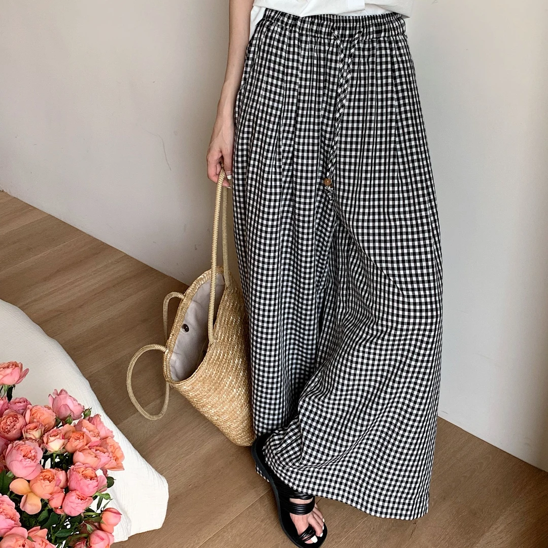 黑白格纹高腰九分阔腿裤女宽松垂感抽绳设计休闲百搭显瘦长裤2003