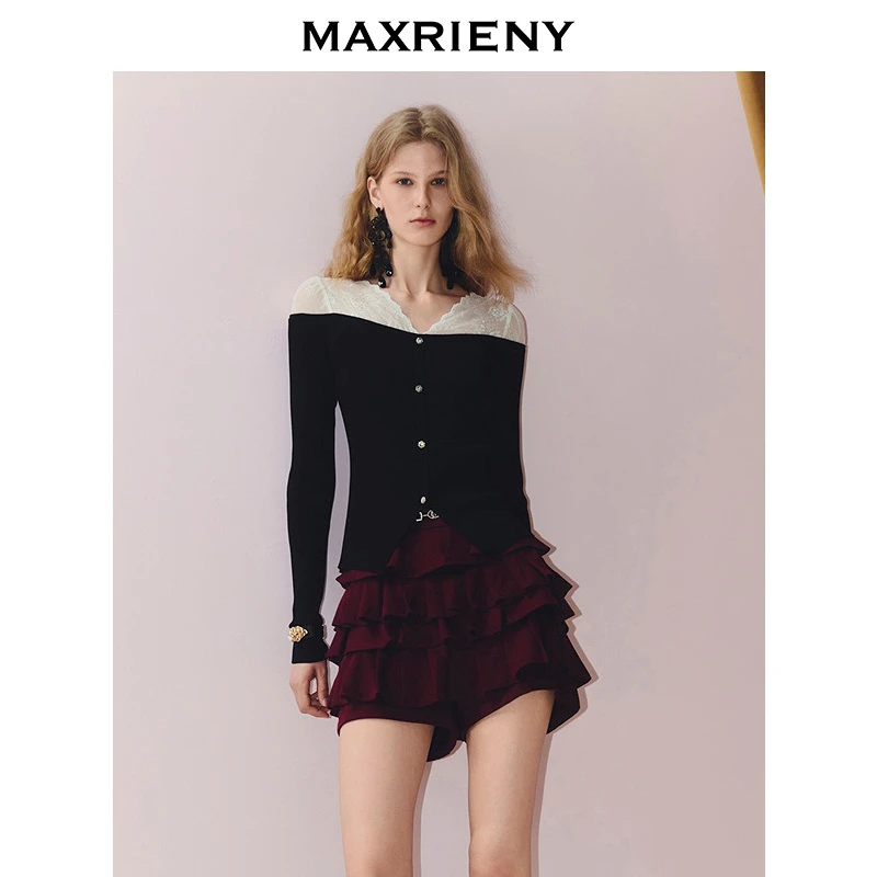 【商场同款】MAXRIENY千金miu系穿搭蕾丝拼接针织收腰x型长袖上衣