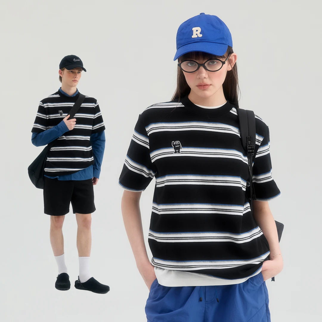 MYSAMESAME刺绣logo条纹短袖T恤夏季基础宽松短袖T254