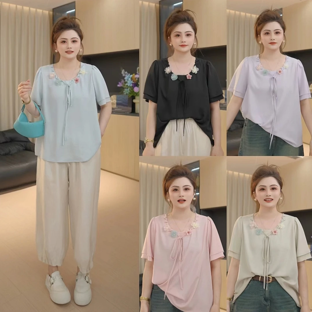 【胖佳佳】现货~花屿间 凉感缎面短袖衬衫立体绣花小衫H625Y06466