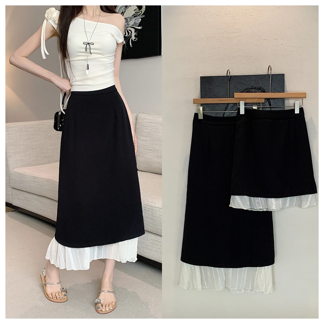 8120+8076-新款黑白拼接半身裙高腰显瘦长短款夏季