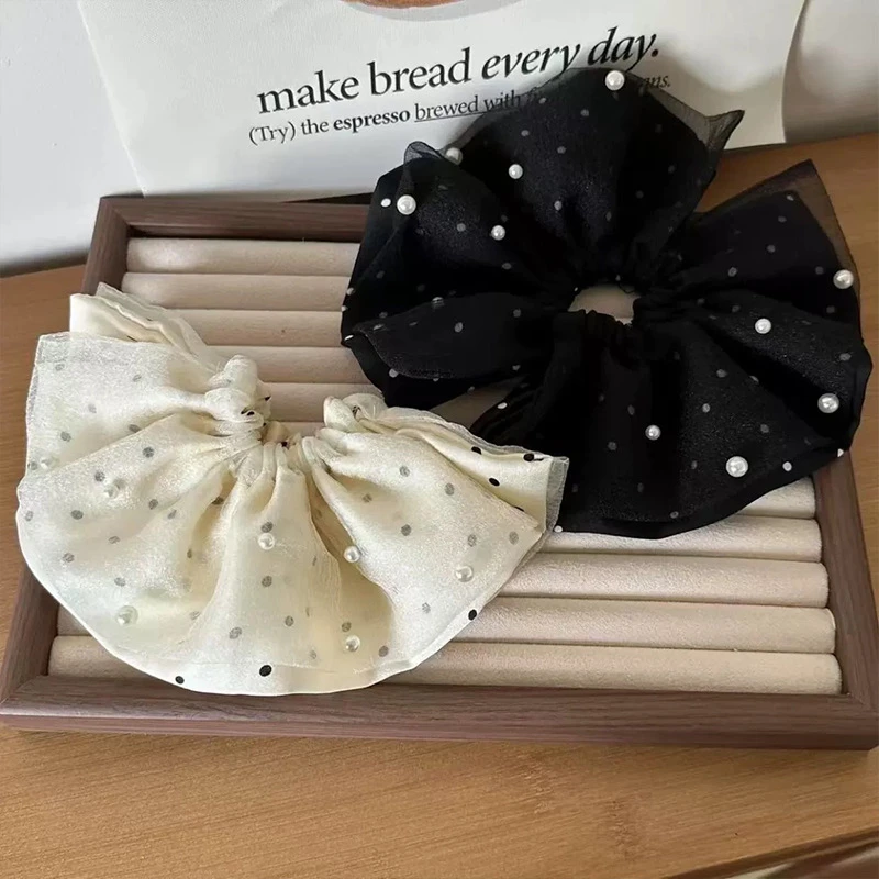 双面泡泡纱波点珍珠发圈分段式波点珠珠发圈氛围感皮筋甜美