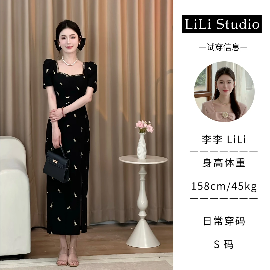 【仲夏夜】LiLi法式复古显贵黑金刺绣显瘦连衣裙 XMZH3274