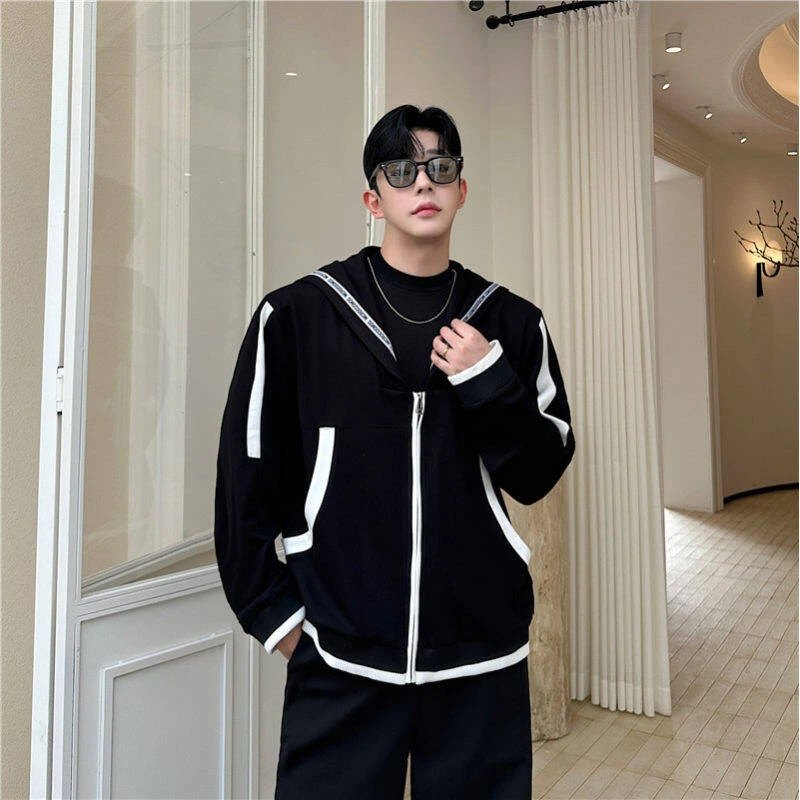 2025春季小众黑白撞色大翻领夹克男韩版网红开衫发型师卫衣外套潮