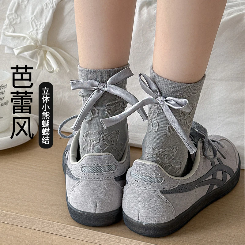 灰色蝴蝶结袜子女春夏季薄款中筒袜日系少女芭蕾风miu系堆堆袜潮