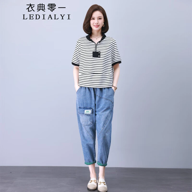 短袖套装女2025年夏季新款中年妈妈宽松时尚T恤休闲牛仔裤两件套