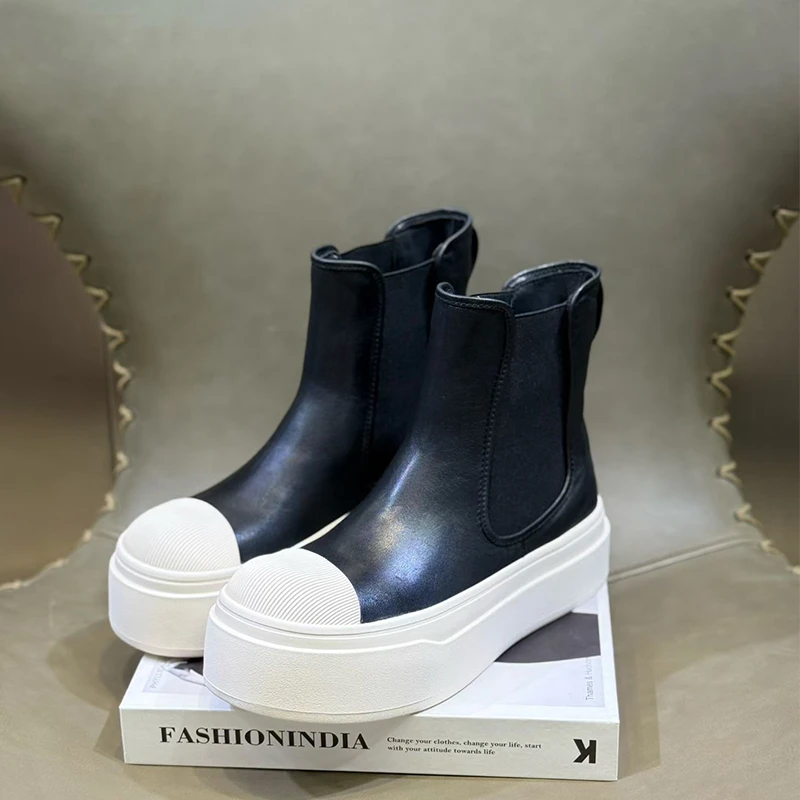 欧货真皮女鞋2025秋季新款时尚百搭短靴厚底增高套筒一脚蹬马丁靴