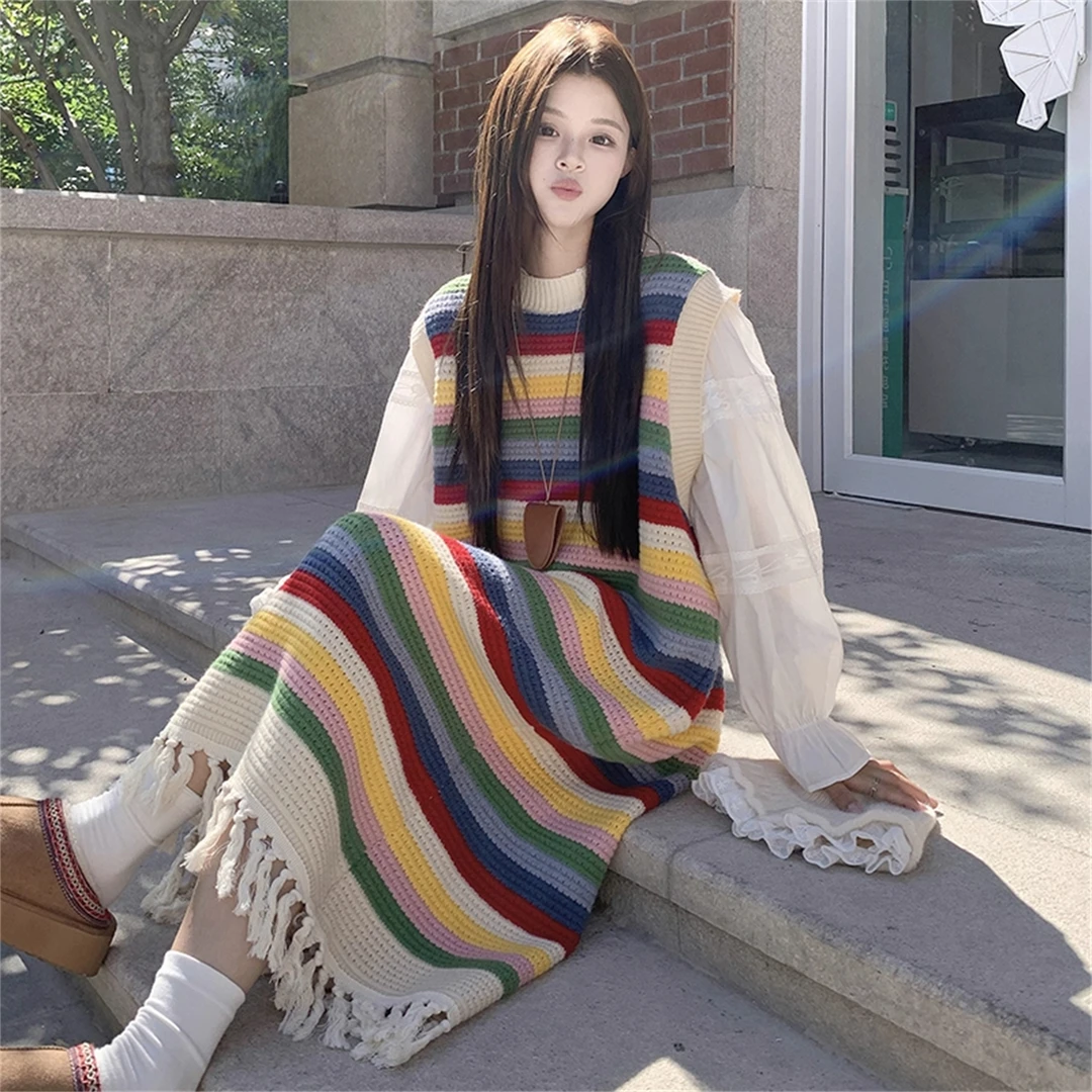 大码彩虹条纹针织背心裙子女秋季胖MM显瘦宽松遮肉叠穿内搭连衣裙