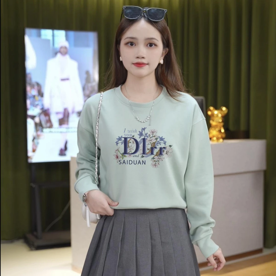 秋冬加绒卫衣圆领长袖Drll紫色花朵印花小个子短款加绒卫衣女冬款