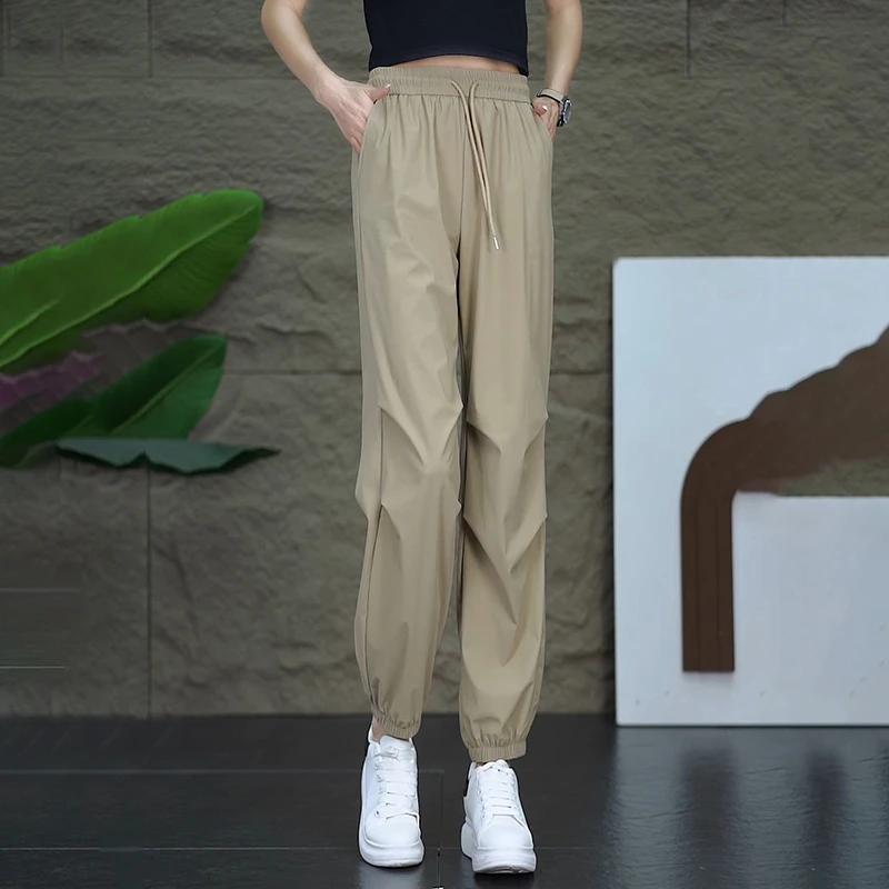 冰丝速干裤女夏季薄款2025新款高腰显瘦运动休闲九分束脚哈伦裤子