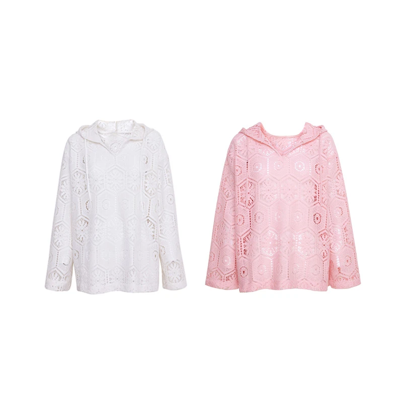 TRACY CHU新品欧若风奶白/粉色镂空长袖时尚百搭连帽千金秋冬帽衫